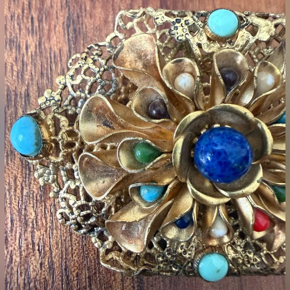 Vintage Gold Tone Filigree Brooch with Blue and Turquoise Plastic Accents